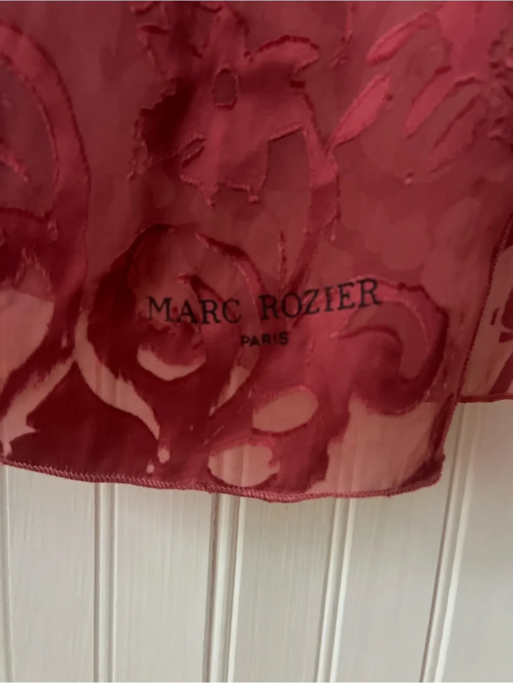 Marc Rozier Paris Burnout Silk Velvet Scarf Burgundy Wine Floral Devore France